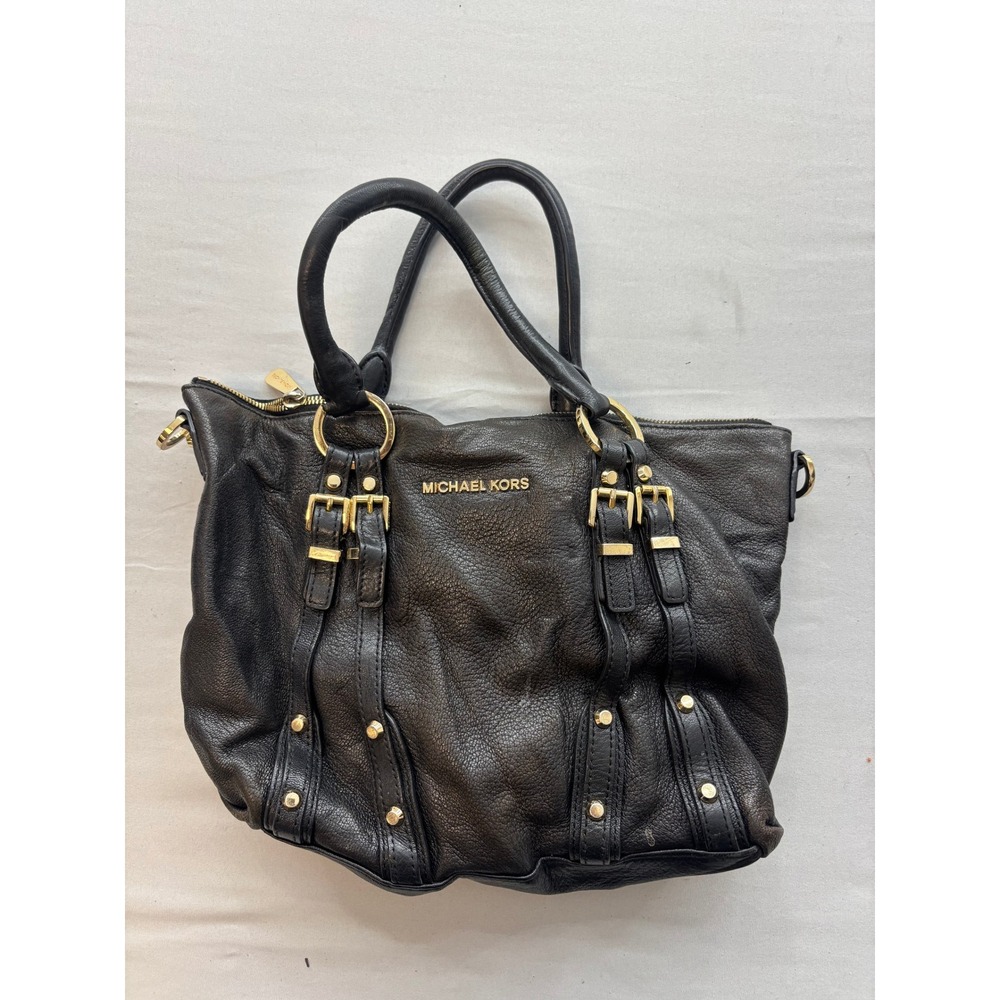 Michael Kors Black Pebbled Leather Satchel Gold Hardware Buckle Detail Bag